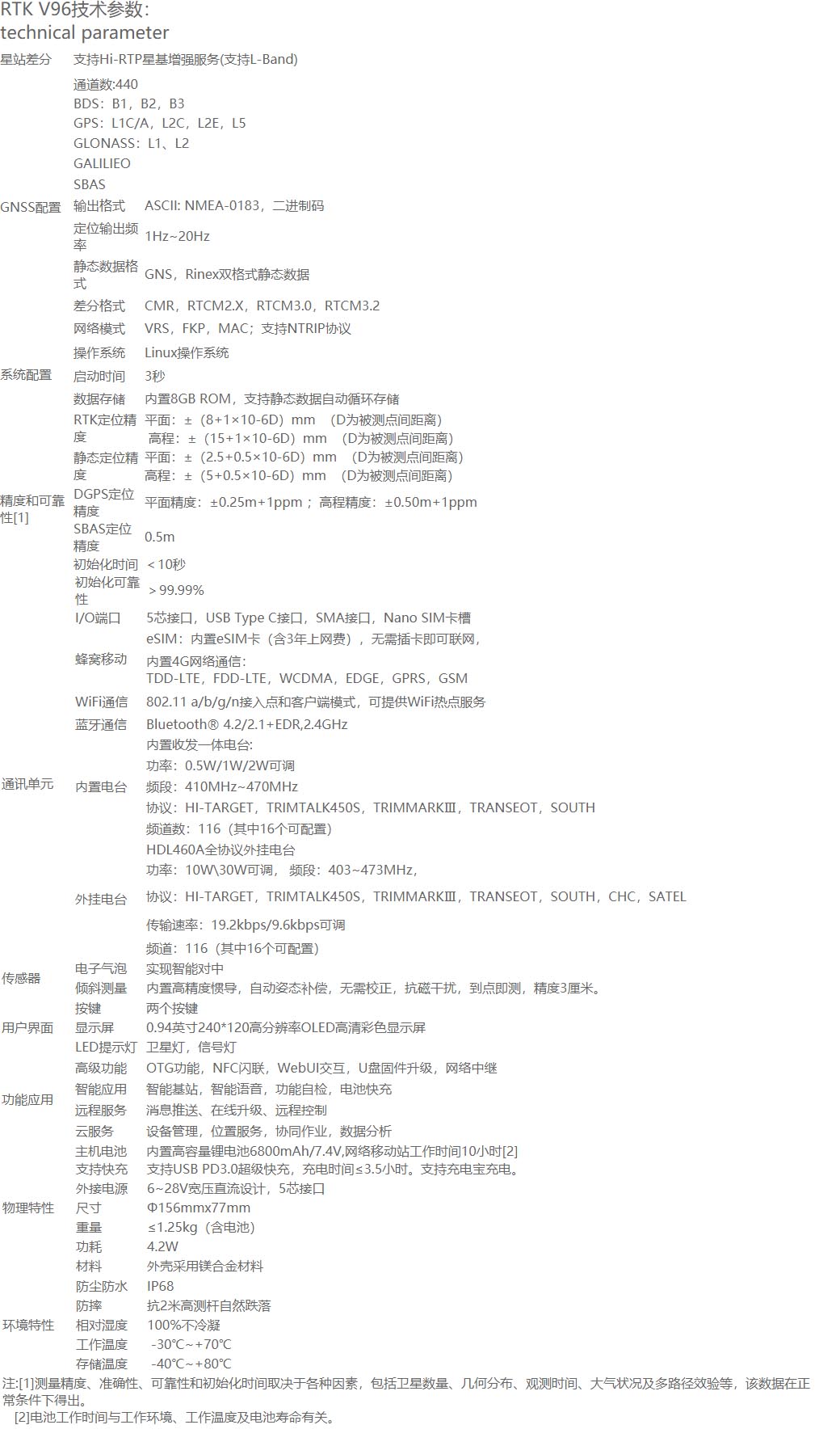 中海達V96智能RTK系統技術參數